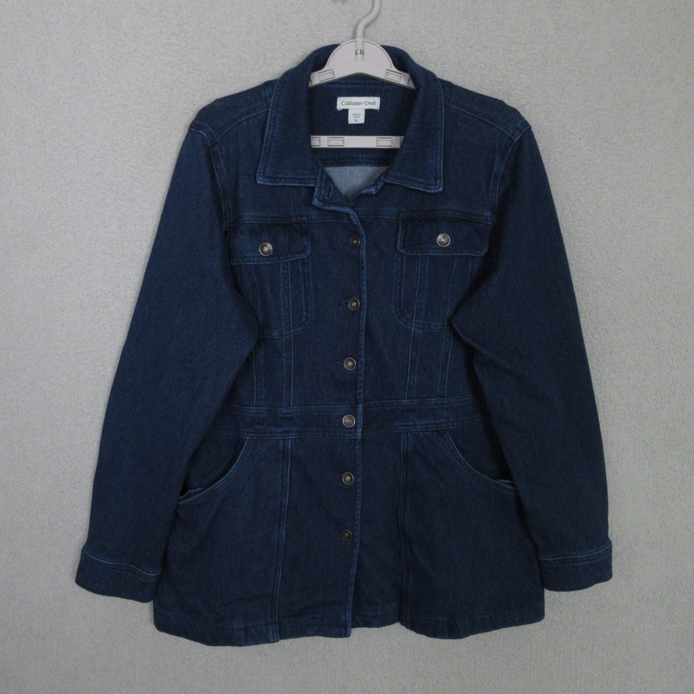 Coldwater Creek Denim Jacket Women XL Dark Wash Excellent Longline Button Front